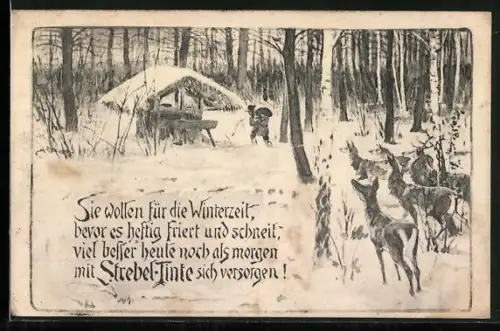 Künstler-AK Mann im verschneiten Wald, Reklame Tintenfabrik Paul Strebel