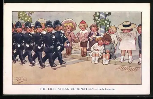 Künstler-AK sign. Ernest Ibbetson: The Lilliputian Coronation, Early Comers
