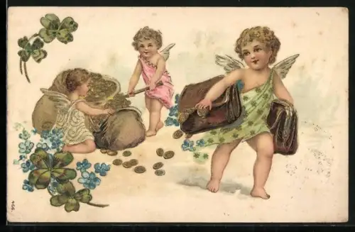 Künstler-AK Drei Engel mit Taschen und Säcken voller Geld