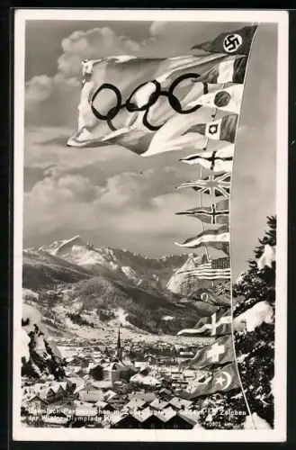 AK Garmisch-Partenkirchen, Olympische Winterspiele 1936, Zugspitze mit Flaggen, 