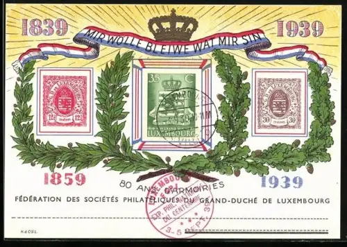 Künstler-AK Luxemburg, 80 Ans d`Armoiries Fédération des Sociétés Philatéliques 1939