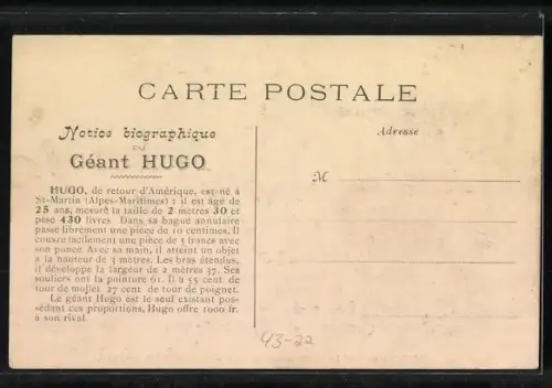 AK Excursions de Géant Hugo, Portrait des Riesen vor einem Reisebus