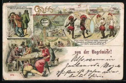 Lithographie Trinkende Menschen an einem Tisch, Afrikanische Vorstellung