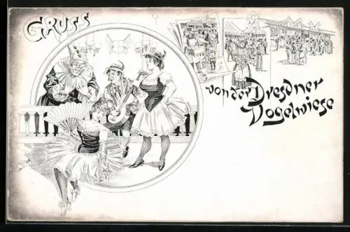 Lithographie Zwei Frauen in Kostümen mit einem Clown und einem Mann mit Gitarre