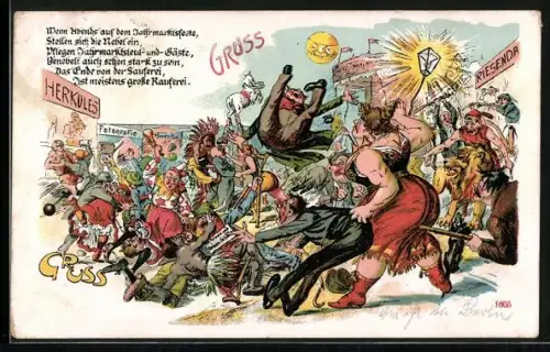 Künstler-AK Buntes Treiben und Prügelei beim Volksfest