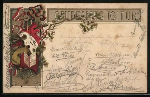 Lithographie Studentenwappen Caudeamus Igitur mit Unterschriften