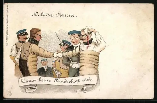 Lithographie Studenten nach der Mensur