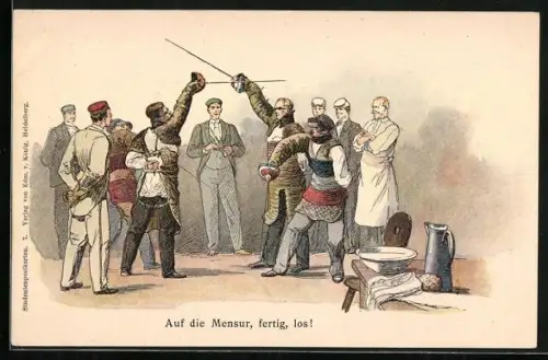Künstler-AK Auf die Mensur, fertig, los!, Studenten beim Fechten