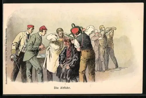 Lithographie Student wird nach der Mensur verarztet