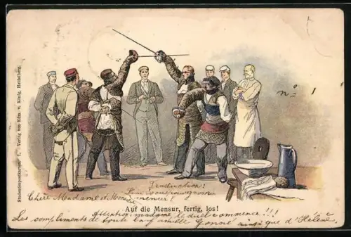 Künstler-AK Auf die Mensur, fertig, los!, Studenten beim Fechten