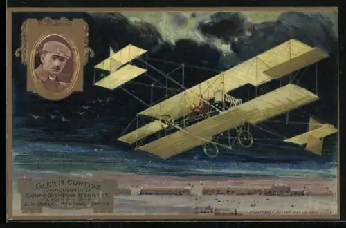Künstler-AK Glen H. Curtiss in seinem Flugzeug 1909