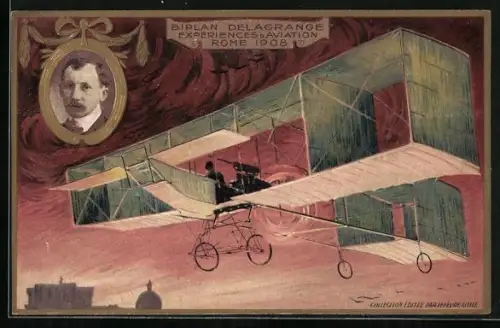 AK Rome, Biplan Delagrange, Expériences d`Aviation 1908, Pilot und Flugzeug