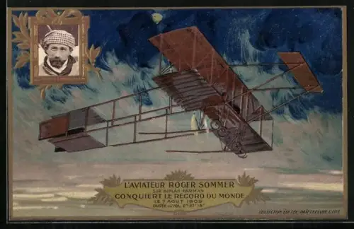 Künstler-AK L`Aviateur Roger Sommer sur Biplan Farman, conquiert le Record du Monde 1909