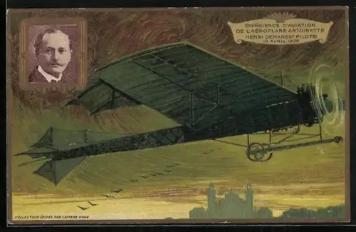 Künstler-AK Henri Demanest en L`Aeroplane Antoinette 1909