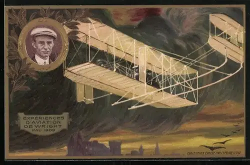 Lithographie Expériences d`Aviation de Wright, Pau 1909, Wright mit seinem Flugzeug im Sturm