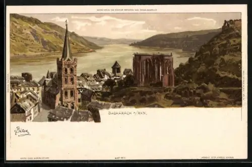 Künstler-AK C.Biese: Bacharach, Ruine der Wernerkapelle mit Teilansicht der Ortschaft um 1900