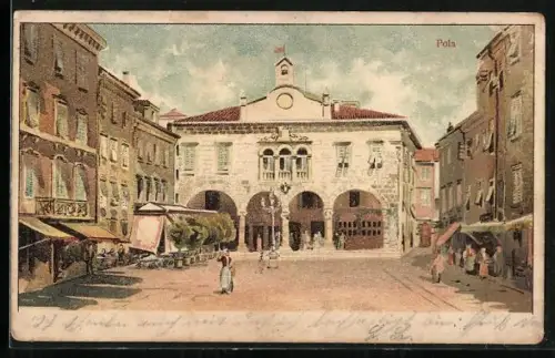 Lithographie Pola, Strassenpartie mit Geschäften