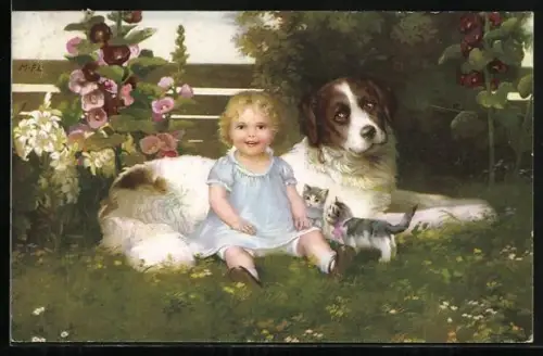 Künstler-AK Meissner & Buch (M&B) Nr. 2751: Mädchen mit Bernhardiner und Katzen