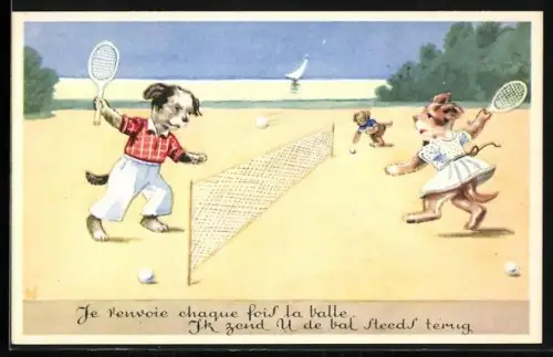 AK Je renvoie chaque fois la balle..., Hunde spielen Tennis