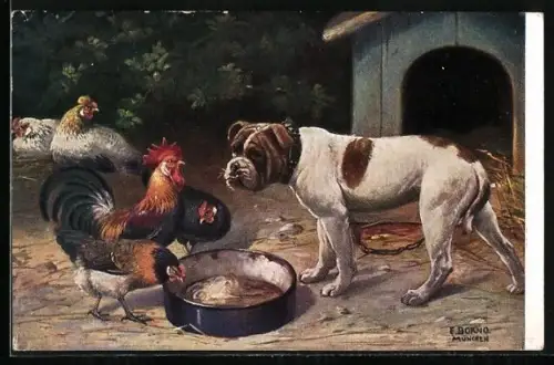 Künstler-AK Hühner am Napf einer Bulldogge