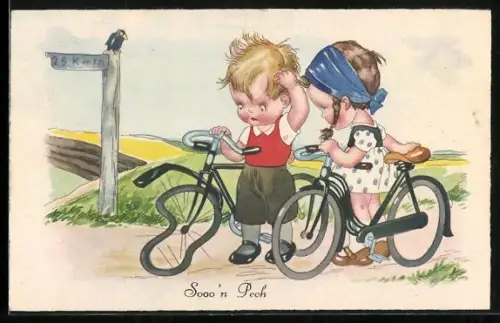 Künstler-AK Kleines Paar mit Panne beim Fahrrad-Ausflug