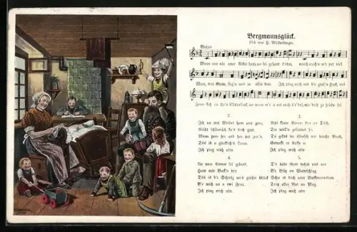 Lied-AK Hilmar Mückenberger: Bergmannsglück, Lied in Mundart, die Familie des Bergmanns in der Stube