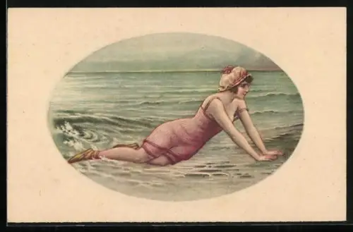 AK Frau in Bademode liegt am Ufer