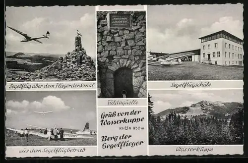 AK Gersfeld / Rhön, Segelflugzeug über dem Fliegerdenkmal, Segelflugschule, Wasserkuppe, Segelflieger am Boden