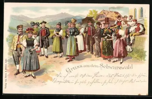 Lithographie Dorfleben in Schwarzwälder Tracht