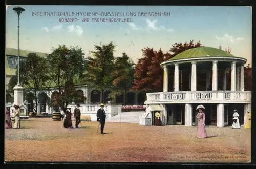 AK Dresden, Internationale Hygiene-Ausstellung 1911, Konzert & Promenadenplatz