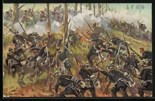 Künstler-AK Erstürmung der Spichererhöhen, 6. Aug. 1870, Tod des General von Francois, Reichseinigungskriege