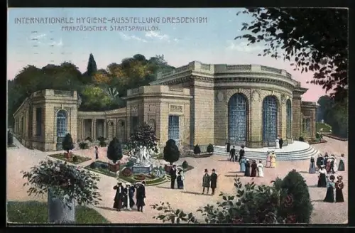 AK Dresden, Internationale Hygiene-Ausstellung 1911, Franz. Staatspavillon mit Gartenanlage
