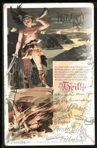 Lithographie Germane mit Lendenschurz bläst in Horn