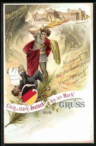 Lithographie Obstruction, St. Michael kämpft gegen die Sprachenverordnung