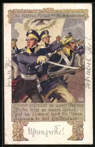 Künstler-AK Karl Alex Wilke: Das eiserne Kreuz von M. v. Schenkendorf, Soldaten im Sturmangriff