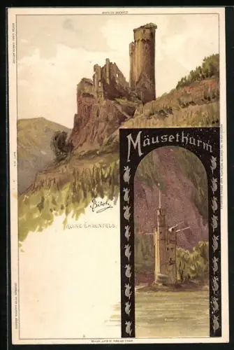 Künstler-AK C.Biese: Ruine Ehrenfels und Mäuseturm