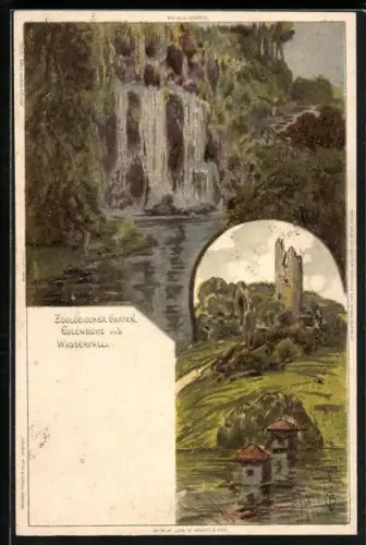 Künstler-AK Carl Biese: Zoologischer Garten, Eulenburg und Wasserfall