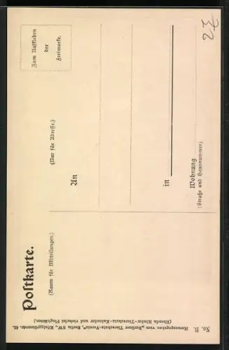 AK Bauersfrau mit einer Kuh, Aufruf zum Tierschutz des Berliner Tierschutzvereins, Zitat der Sopranistin Lilli Lehmann