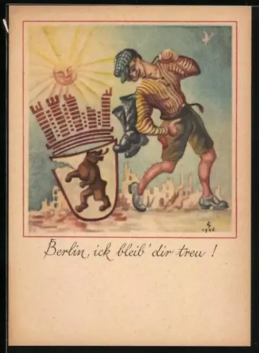Künstler-AK Berlin, ick bleib` dir Treu!, Wappen und junger Mann