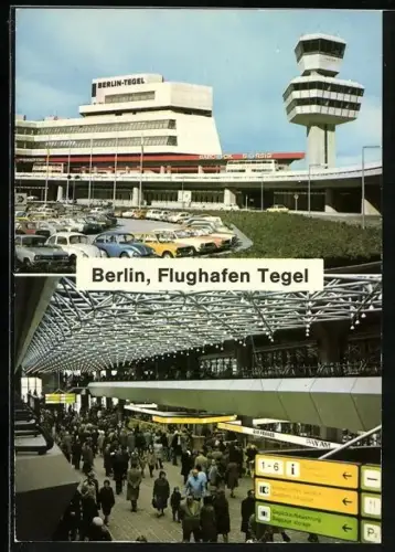 AK Berlin, Flughafen Tegel, Parkplatz mit Tower und Innenansicht