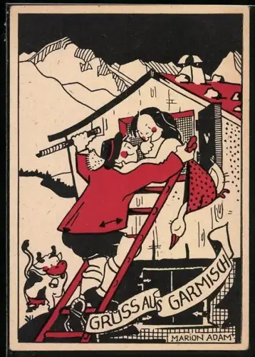 Künstler-AK Garmisch, verliebtes Paar, Kuh, Gans