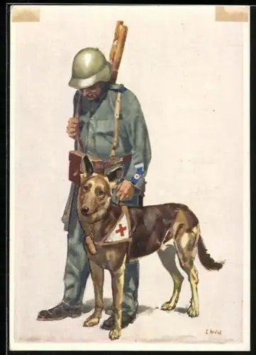 Künstler-AK Schweizer Bundesfeier 1937 für das Schweizerische Rote Kreuz, Sanitäter mit Sanitätshund