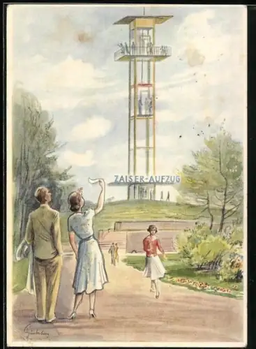 Künstler-AK Stuttgart, Deutsche Gartenschau 1950, Aussichtsturm mit Schnellaufzug
