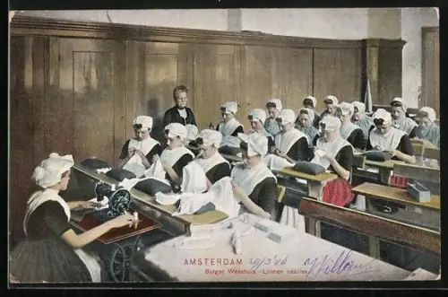 AK Amsterdam, Burger Weeshuis, Linnen naailes, Frauen an Nähmaschinen