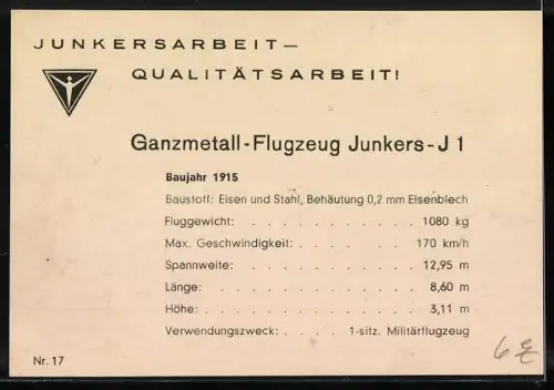 AK Ganzmetall-Flugzeug Junkers-J 1 mit Pilot an Bord