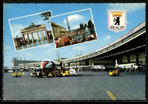 AK Zentralflughafen Berlin Tempelhof, Flugzeuge auf dem Vorfeld werden versorgt, Brandenburger Tor, Funkturm und Messe
