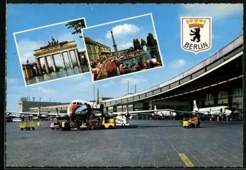 AK Zentralflughafen Berlin Tempelhof, Flugzeuge auf dem Vorfeld werden versorgt, Brandenburger Tor, Funkturm und Messe