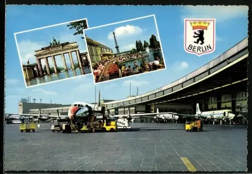 AK Zentralflughafen Berlin Tempelhof, Flugzeuge auf dem Vorfeld werden versorgt, Brandenburger Tor, Funkturm und Messe
