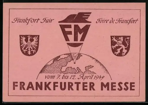 AK Frankfurt, Frankfurter Messe 1949, Wappen, Weltkugel