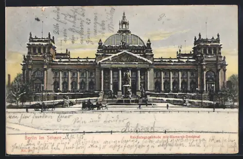 AK Berlin, Reichstagsgebäude, Bismarck-Denkmal, Schnee